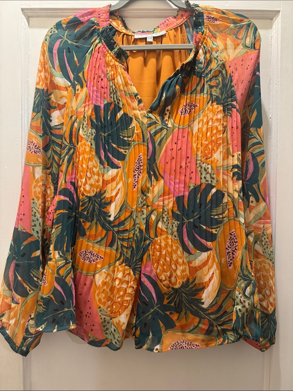 Daniel Rainn Tropical Pineapple Print Blouse - Mustard, Pink, Teal
